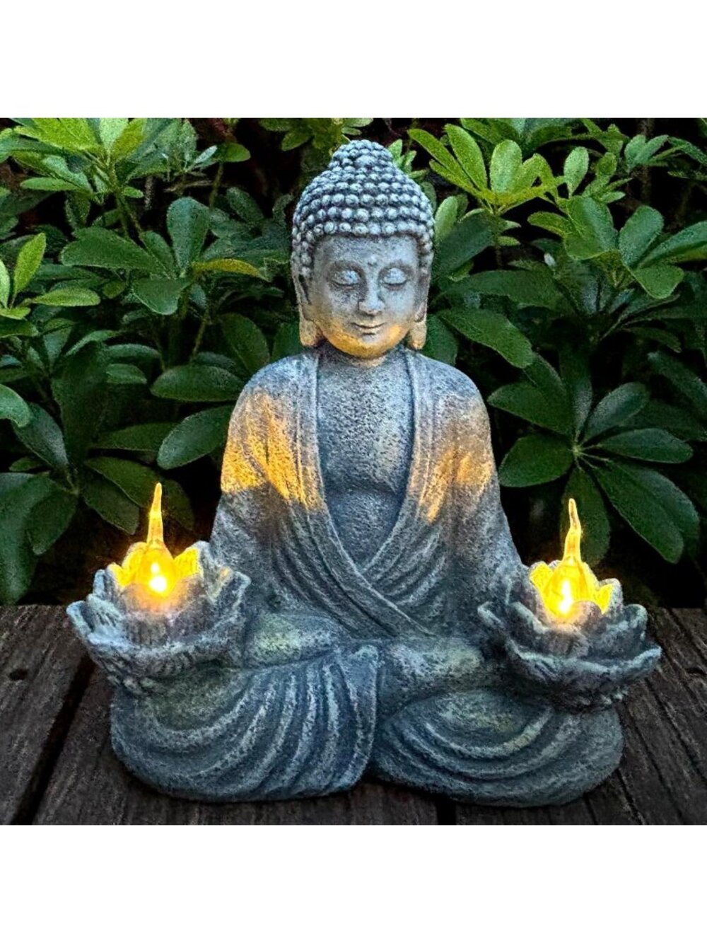 Solar Powered Buddha Statue | Flickering LED Garden Light | Zen Home Decor Gift